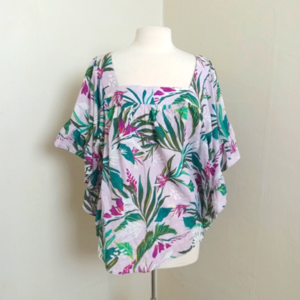 Terra & Sky Floral Print 100% Cotton Flowy Elbow Length Ruffle Sleeve Top